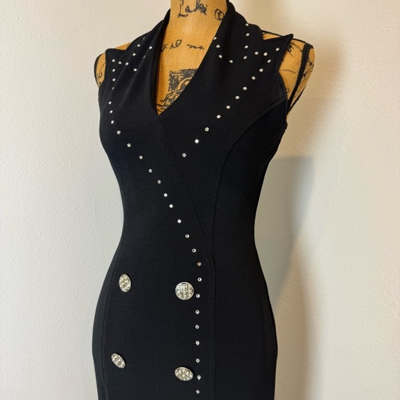 VINTAGE 90s JS Collections black halter midi dress crystal accents slit bodycon - Picture 6 of 9